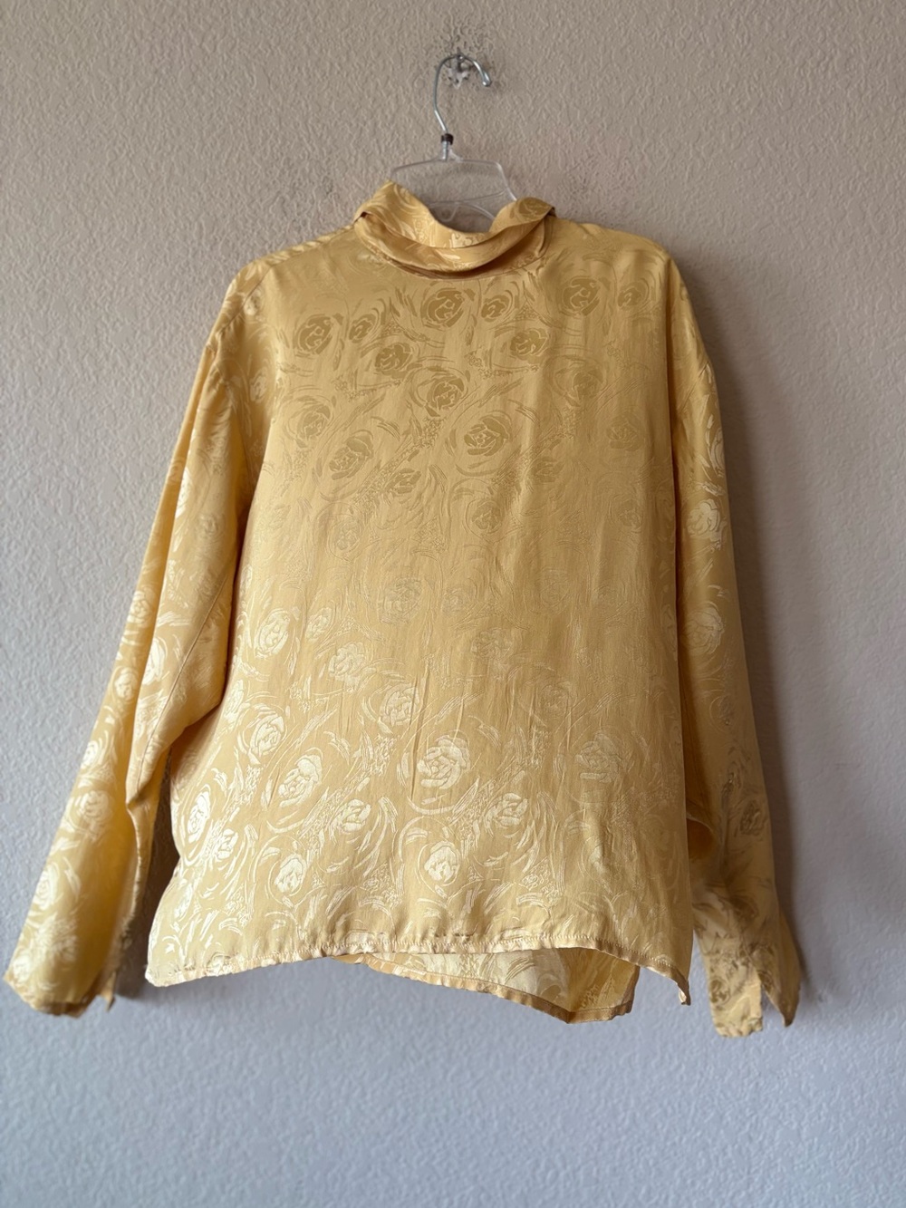 Corporate‎ Woman Vintage 100% silk jacquard blouse floral damask yellow size 14